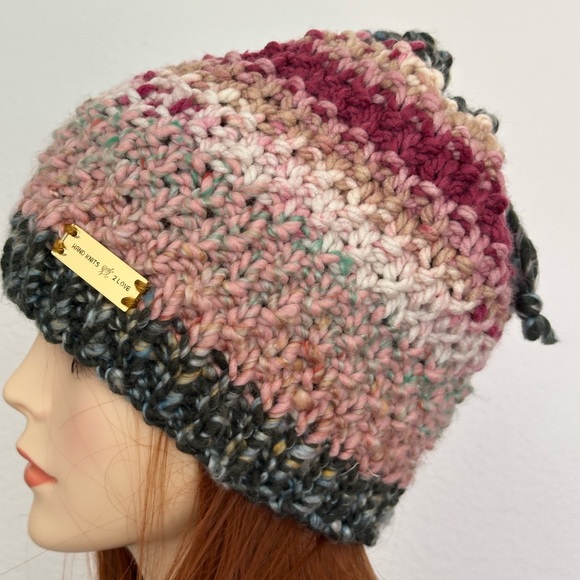 Hand Knits 2 Love Beanie Slouch Gat Cap Flowers Decorative Beads Designer Multi